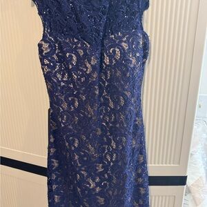 Sequin Hearts Blue Tan Sheath Midi Dress Sleeveless Crew Neck